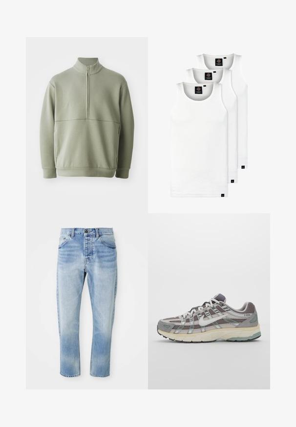 Lys grønn, langermet genser med høy krage og halv glidelås. Myk tekstur med horisontal sømdetalj over brystet.; Tre hvite ribbestrikkede tank topper laget av bomull. Har en rund hals og små svarte etiketter nær kanten. Tilgjengelig i flere størrelser.; Lys blå denimjeans med rett ben-design, som har to frontlommer, en baklomme og en knappelukking ved midjen.; Grå treningssko med overdel i nett og semsket skinn, hvite detaljer, en polstret såle, og et særpreget design med reflekterende elementer.