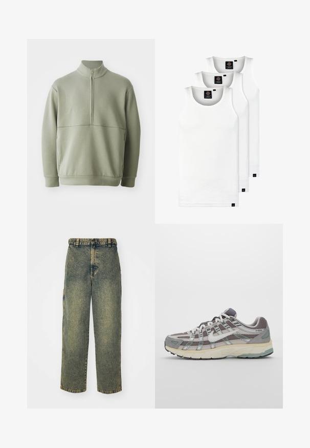 Pullover verde claro de mangas longas com colarinho alto e fecho de correr de meio comprimento. Textura suave com um detalhe de costura horizontal na zona do peito.; Três tops em algodão de alças brancas com nervuras. Apresentam um decote redondo e pequenas etiquetas pretas perto da bainha. Disponíveis em vários tamanhos.; Jeans de ganga largos em um tom desbotado de azul e verde. Características incluem fecho por botão, passantes para cinto e bolsos laterais. Design de frente lisa e perna reta.; Sapatilha atlética cinza com parte superior em malha e camurça, detalhes brancos, sola acolchoada e um design distinto com elementos refletivos.