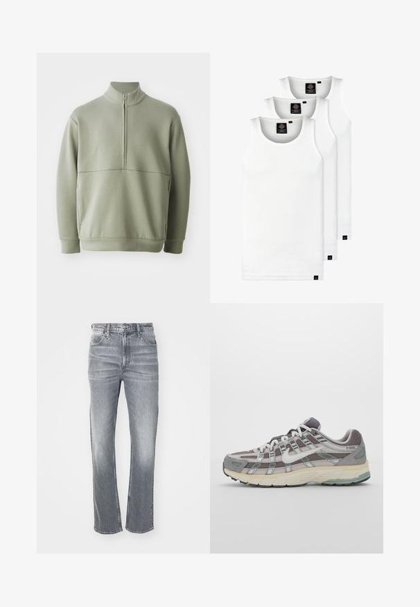 Svetlo zeleni pulover z dolgimi rokavi, visokim ovratnikom in polnim zadrgo. Mehak material z vodoravno šivano podrobnostjo čez prsi.; Tri bele rebraste majice brez rokavov iz bombaža. Imajo okroglo izreza in majhne črne etikete blizu roba. Na voljo v več velikostih.; Sive traperice z ravnim krojem, ki vključujejo klasičen pet žepni dizajn, zanke za pas in subtilno zbledevanje za teksturo.; Sive športne čevlje z zgornjim delom iz mrežastega in semiš materiala, belimi akcenti, oblazinjenim podplatom ter edinstvenim dizajnom z odsevnimi elementi.