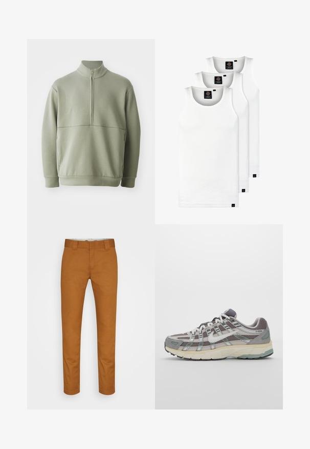 Light green, long-sleeve pullover with a high collar and half zipper. Soft texture with a horizontal seam detail across the chest.; Three white ribbed tank tops made of cotton. Features a crew neck and small black labels near the hem. Available in multiple sizes.; Brown cotton trousers with a straight cut, front pockets, and a clean, smooth texture. Features belt loops and discrete stitching details.; Gray athletic shoe featuring a mesh and suede upper, white accents, a cushioned sole, and a distinctive design with reflective elements.