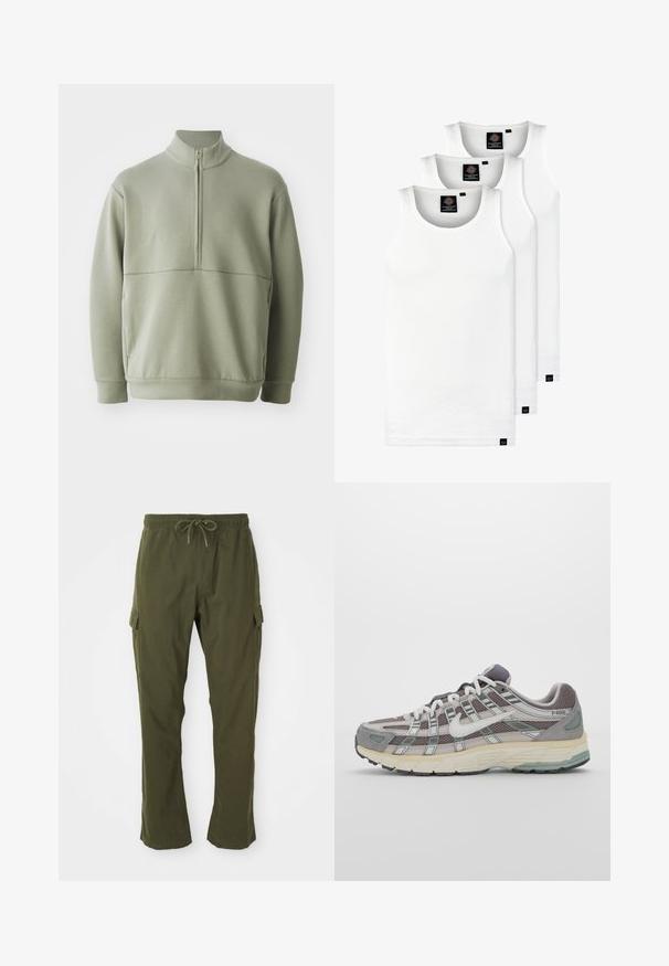 Suéter de manga larga verde claro con un cuello alto y media cremallera. Textura suave con un detalle de costura horizontal en el pecho.; Tres camisetas sin mangas de algodón de color blanco con canalé. Cuentan con cuello redondo y pequeñas etiquetas negras cerca del dobladillo. Disponibles en múltiples tamaños.; Pantalones cargo verde oliva con cintura elástica, cordón y bolsillos laterales. La tela parece suave con una textura lisa.; Zapatilla deportiva gris con parte superior de malla y ante, acentos blancos, suela acolchada y un diseño distintivo con elementos reflectantes.