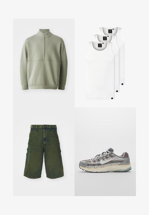 Suéter de manga larga verde claro con un cuello alto y media cremallera. Textura suave con un detalle de costura horizontal en el pecho.; Tres camisetas sin mangas de algodón de color blanco con canalé. Cuentan con cuello redondo y pequeñas etiquetas negras cerca del dobladillo. Disponibles en múltiples tamaños.; Bermudas de mezclilla verde en un corte relajado, con bolsillos laterales y cierre de botón. Textura desgastada y corte recto.; Zapatilla deportiva gris con parte superior de malla y ante, acentos blancos, suela acolchada y un diseño distintivo con elementos reflectantes.