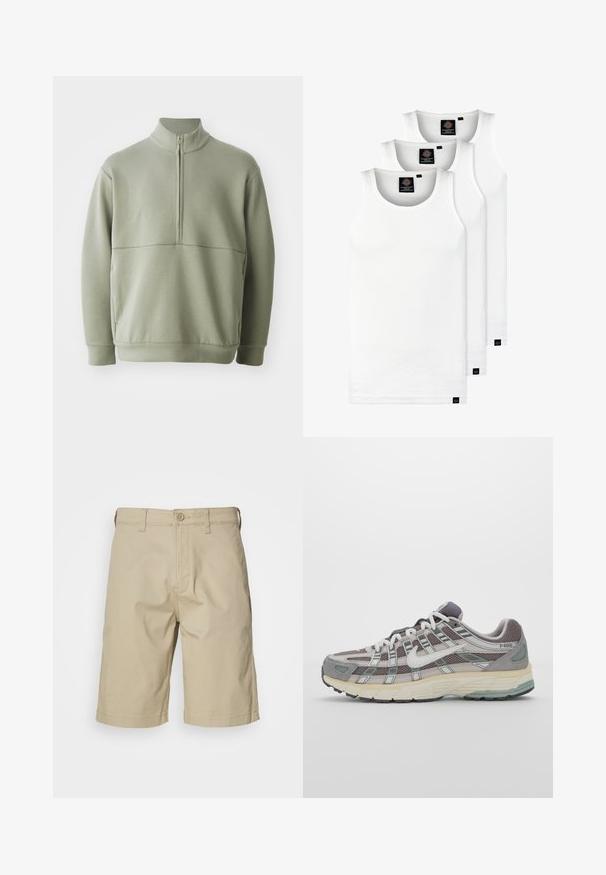Lichtgroene, langslijve pullover met een hoge kraag en een halve rits. Zachte textuur met een horizontale naaddetails over de borst.; Drie witte geribde tanktops van katoen. Kenmerken zijn een ronde hals en kleine zwarte labels nabij de zoom. Verkrijgbaar in meerdere maten.; Beige katoenen shorts met een rechte snit, knoopsluiting, riemlussen en twee zijzakken. Glad textuur en knielange ontwerp.; Grijze sportieve schoen met een bovenwerk van mesh en suede, witte accenten, een gevoerde zool en een onderscheidend ontwerp met reflecterende elementen.