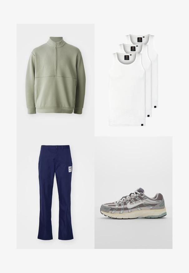 Gaiši zaļš, garām piedurknēm, džemperis ar augstu apkakli un pusi rāvējslēdzēju. Mīksta tekstūra ar horizontālu šuvju detaļu krūšu rajonā.; Trīs baltas ribotas krūšturi, kas izgatavoti no kokvilnas. Iezīmēti ar apaļu kakla izgriezumu un maziem melniem etiķetēm tuvu apakšmalai. Pieejami vairākos izmēros.; Tumši zili kokvilnas bikses ar taisnu piegriezumu, ar pogu aizdari un plāksteri ar logotipu priekšējā kabatā. Gluda tekstūra, ikdienišķs dizains.; Pelēkie sporta apavi ar tīkla un zamša augšdaļu, baltiem akcentiem, mīkstinātu zoli un izcilu dizainu ar atstarotājiem.