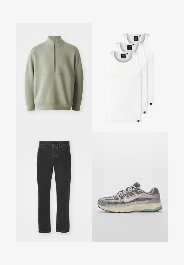 Gaiši zaļš, garām piedurknēm, džemperis ar augstu apkakli un pusi rāvējslēdzēju. Mīksta tekstūra ar horizontālu šuvju detaļu krūšu rajonā.; Trīs baltas ribotas krūšturi, kas izgatavoti no kokvilnas. Iezīmēti ar apaļu kakla izgriezumu un maziem melniem etiķetēm tuvu apakšmalai. Pieejami vairākos izmēros.; Melnas džinses ar taisnu kāju dizainu, klasisku piecu kabatu stilu, pogu jostasvietu un izbalējušu apdari. Gluda tekstūra, bez redzamām rakstu zīmēm.; Pelēkie sporta apavi ar tīkla un zamša augšdaļu, baltiem akcentiem, mīkstinātu zoli un izcilu dizainu ar atstarotājiem.