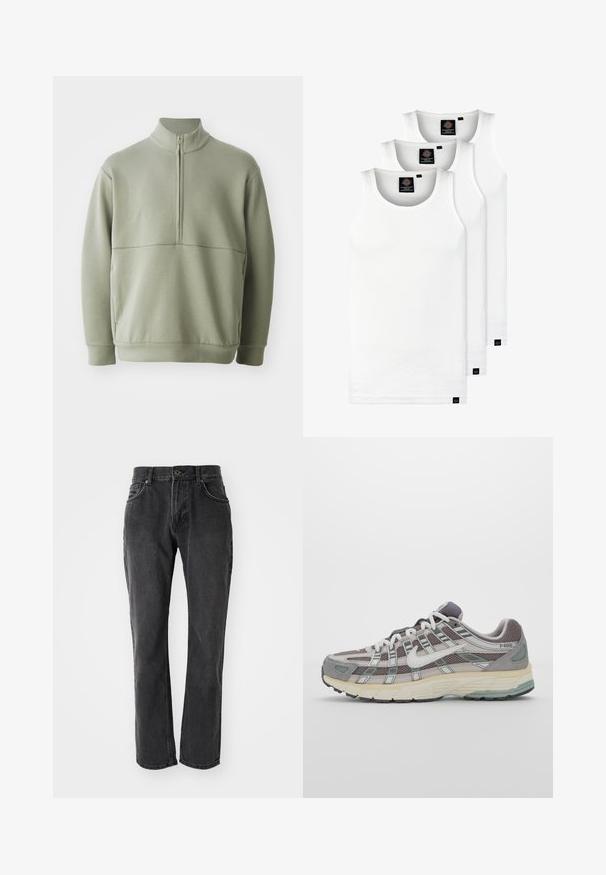 Vaaleanvihreä pitkähihainen neulepusero, jossa on korkea kaulus ja puoli vetoketju. Pehmeä pinta ja vaakasuora sauman yksityiskohta rinnassa.; Kolme valkoista ribbitekstiilistä toppia, jotka on valmistettu puuvillasta. Ominaisuuksiin kuuluu pyöreä pääntie ja pieni musta etiketti helman lähellä. Saatavilla useissa kooissa.; Mustat farkut suoralla leikkauksella, joissa on viisi taskua, nappisuljenta ja ommeltuja yksityiskohtia saumoissa ja taskuissa.; Harmaa urheilukenkä, jossa on verkko- ja mokkanahkainen yläosa, valkoiset yksityiskohdat, pehmustettu pohja ja erottuva muotoilu heijastavilla elementeillä.