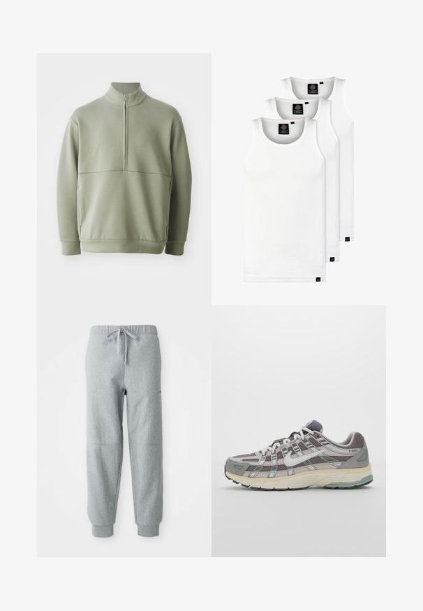 Suéter de manga larga verde claro con un cuello alto y media cremallera. Textura suave con un detalle de costura horizontal en el pecho.; Tres camisetas sin mangas de algodón de color blanco con canalé. Cuentan con cuello redondo y pequeñas etiquetas negras cerca del dobladillo. Disponibles en múltiples tamaños.; Pantalones de chándal grises de felpa con cintura elástica, cordón y puños en los tobillos. Presentan una tela texturizada y sutiles detalles en las costuras.; Zapatilla deportiva gris con parte superior de malla y ante, acentos blancos, suela acolchada y un diseño distintivo con elementos reflectantes.