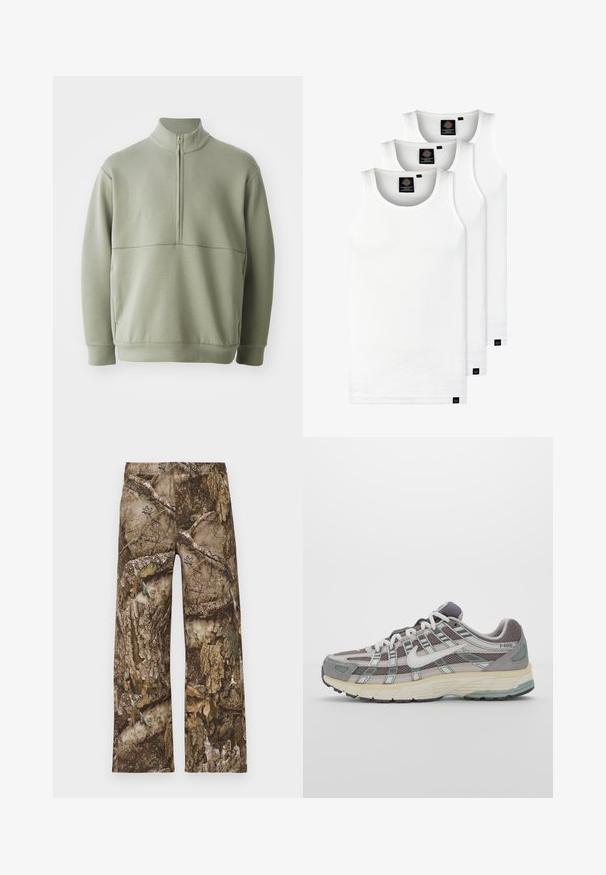 Hellgrüner Pulli mit langen Ärmeln, hohem Kragen und halbem Reißverschluss. Weiche Textur mit einer horizontalen Nahtdetails über der Brust.; Drei weiße, gerippte Tanktops aus Baumwolle. Merkmale einen Rundhalsausschnitt und kleine schwarze Etiketten am Saum. In mehreren Größen erhältlich.; Cargohosen mit Camouflagemuster in Braun, mit weitem Bein und elastischem Bund. Das Material ähnelt strukturiertem Baumrinde mit Blattanleihen.; Grauer Sportschuh mit einem Obermaterial aus Mesh und Wildleder, weißen Akzenten, einer gepolsterten Sohle und einem charakteristischen Design mit reflektierenden Elementen.