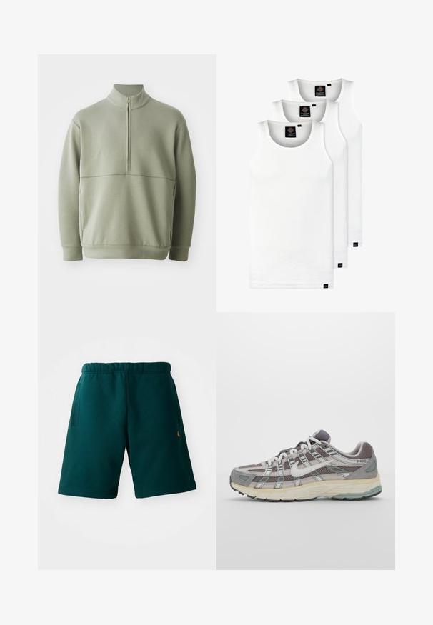 Vaaleanvihreä pitkähihainen neulepusero, jossa on korkea kaulus ja puoli vetoketju. Pehmeä pinta ja vaakasuora sauman yksityiskohta rinnassa.; Kolme valkoista ribbitekstiilistä toppia, jotka on valmistettu puuvillasta. Ominaisuuksiin kuuluu pyöreä pääntie ja pieni musta etiketti helman lähellä. Saatavilla useissa kooissa.; Tummanvihreät puuvillashortsit, joissa on joustava vyötärö, sivutaskut ja pieni logo alaosassa. Sileä pinta ja polvenpituinen muotoilu.; Harmaa urheilukenkä, jossa on verkko- ja mokkanahkainen yläosa, valkoiset yksityiskohdat, pehmustettu pohja ja erottuva muotoilu heijastavilla elementeillä.