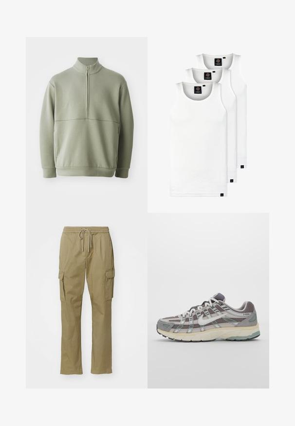 Světlá zelená mikina s dlouhým rukávem, vysokým límečkem a půlzipem. Měkká textura s horizontálním švem přes hruď.; Tři bílé žebrované tílka vyrobené z bavlny. Mají kulatý výstřih a malé černé štítky poblíž lemu. Dostupné v několika velikostech.; Khaki cargo kalhoty vyrobené z měkké tkaniny, s elastickým pasem a stahovací šňůrkou, dvěma bočními kapsami a rovnými nohavicemi.; Šedá sportovní obuv s vrchní částí z mikrovlákna a semiše, bílými akcenty, polstrovanou podrážkou a jedinečným designem s reflexními prvky.