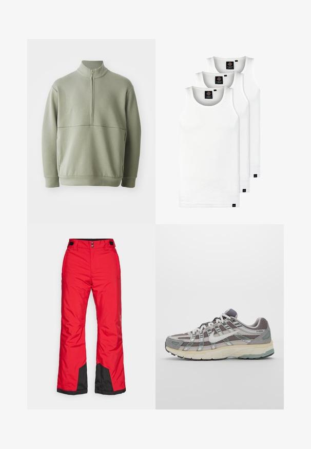 Pullover verde chiaro a maniche lunghe con colletto alto e mezza cerniera. Texture morbida con un dettaglio a cucitura orizzontale sulla parte anteriore.; Tre canotte bianche a coste in cotone. Presentano un colletto rotondo e piccole etichette nere vicino all'orlo. Disponibile in diverse taglie.; Pantaloni da sci impermeabili rossi con un pannello inferiore nero, vita regolabile e due tasche laterali; realizzati in un materiale liscio e resistente.; Scarpa sportiva grigia con tomaia in mesh e suede, dettagli bianchi, suola ammortizzata e un design distintivo con elementi riflettenti.