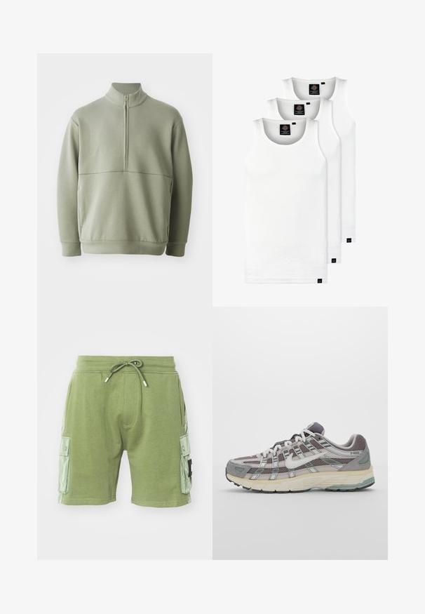 Hellgrüner Pulli mit langen Ärmeln, hohem Kragen und halbem Reißverschluss. Weiche Textur mit einer horizontalen Nahtdetails über der Brust.; Drei weiße, gerippte Tanktops aus Baumwolle. Merkmale einen Rundhalsausschnitt und kleine schwarze Etiketten am Saum. In mehreren Größen erhältlich.; Grüne Baumwollshorts mit elastischem Bund und Kordelzug. Verfügt über zwei seitliche Cargo-Taschen und strukturierte Paneelakzente an den Seiten.; Grauer Sportschuh mit einem Obermaterial aus Mesh und Wildleder, weißen Akzenten, einer gepolsterten Sohle und einem charakteristischen Design mit reflektierenden Elementen.