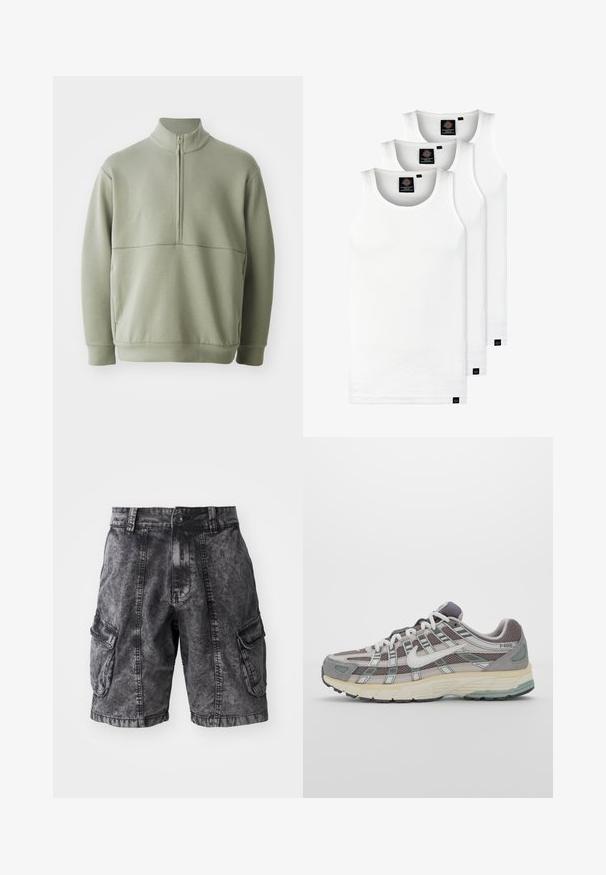 Light green, long-sleeve pullover with a high collar and half zipper. Soft texture with a horizontal seam detail across the chest.; Three white ribbed tank tops made of cotton. Features a crew neck and small black labels near the hem. Available in multiple sizes.; Black denim cargo shorts featuring a faded texture, two side pockets, and a button closure. Knee-length with reinforced stitching.; Gray athletic shoe featuring a mesh and suede upper, white accents, a cushioned sole, and a distinctive design with reflective elements.