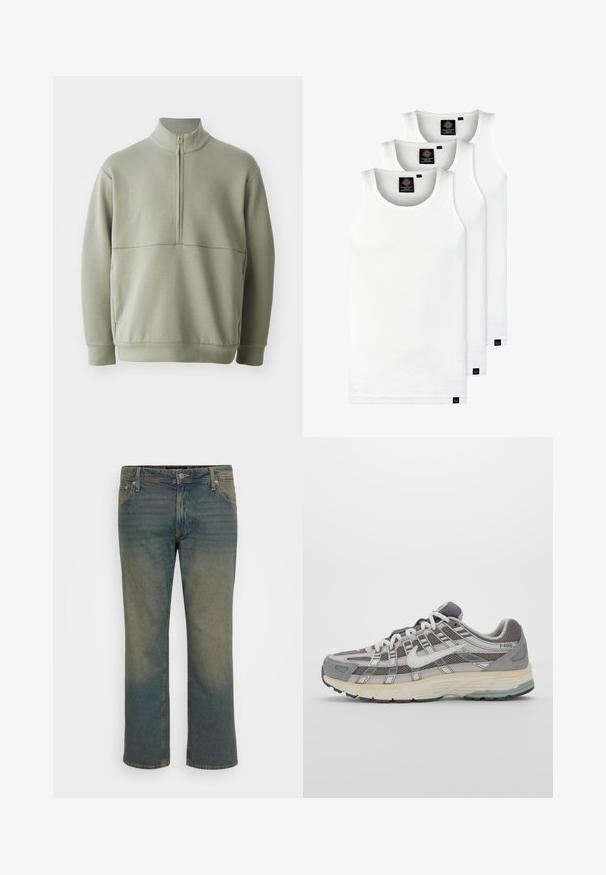 Pulover lung cu mânecă lungă, de culoare verde deschis, cu guler înalt și fermoar pe jumătate. Textură moale cu un detaliu de cusătură orizontală pe piept.; Trei maieuri albe ribbate din bumbac. Au un guler rotund și etichete negre mici lângă tiv. Disponibile în mai multe mărimi.; Jeans din denim de culoare albastră estompată, cu croială dreaptă, închidere cu nasture din alamă, cinci buzunare și detalii subtile de decolorare.; Pantofii sport gri sunt realizați dintr-un amestec de plasă și piele întoarsă, cu accente albe, o talpă bine îmbrăcată și un design distinctiv cu elemente reflectorizante.