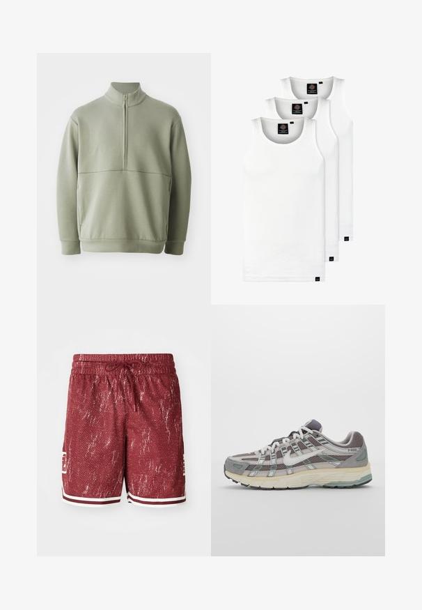 Pulover lung cu mânecă lungă, de culoare verde deschis, cu guler înalt și fermoar pe jumătate. Textură moale cu un detaliu de cusătură orizontală pe piept.; Trei maieuri albe ribbate din bumbac. Au un guler rotund și etichete negre mici lângă tiv. Disponibile în mai multe mărimi.; Shorts roșii din plasă cu un model texturat, accente albe și talie cu șnur. Dispune de buzunare laterale și un logo pe piciorul stâng.; Pantofii sport gri sunt realizați dintr-un amestec de plasă și piele întoarsă, cu accente albe, o talpă bine îmbrăcată și un design distinctiv cu elemente reflectorizante.