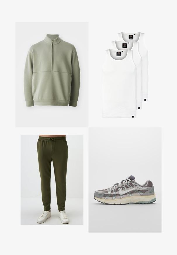 Light green, long-sleeve pullover with a high collar and half zipper. Soft texture with a horizontal seam detail across the chest.; Three white ribbed tank tops made of cotton. Features a crew neck and small black labels near the hem. Available in multiple sizes.; Olive green jogger pants with an elastic waistband, drawstring detail, and tapered leg, paired with white sneakers. Smooth texture.; Gray athletic shoe featuring a mesh and suede upper, white accents, a cushioned sole, and a distinctive design with reflective elements.