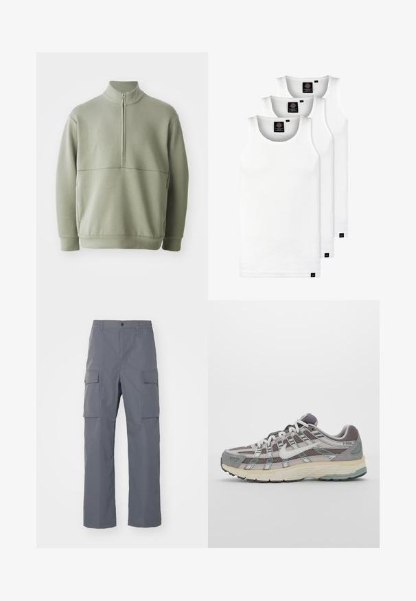 Light green, long-sleeve pullover with a high collar and half zipper. Soft texture with a horizontal seam detail across the chest.; Three white ribbed tank tops made of cotton. Features a crew neck and small black labels near the hem. Available in multiple sizes.; Gray cargo pants made of durable fabric. Features include an elastic waistband, two large side pockets, and a straight-leg cut.; Gray athletic shoe featuring a mesh and suede upper, white accents, a cushioned sole, and a distinctive design with reflective elements.