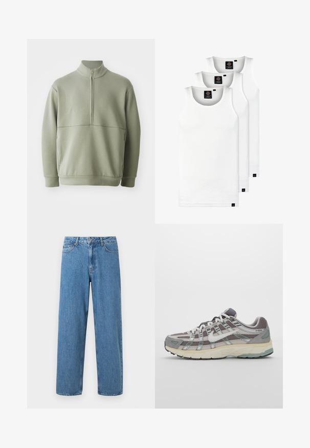 Šviesiai žalias, ilgos rankovės megztinis su aukšta apykakle ir pusiau užtrauktuku. Minkšta tekstūra su horizontalia siūle per krūtinę.; Trys balti, dryžuoti marškiniai be rankovių, pagaminti iš medvilnės. Yra apvalus kaklas ir maži juodi etiketės netoli siūlės. Siūlomi įvairių dydžių.; Šviesiai mėlynos džinsinės kelnės su tiesiu siluetu, aukštu juosmeniu ir penkių kišenių dizainu. Turi užsegimą su mygtuku ir užtrauktuku, matomu siuvimu.; Pilkas sportinis batas su tinklu ir zomšos viršutine dalimi, baltomis detalėmis, paminkštintu padu ir išskirtiniu dizainu su atspindinčiais elementais.