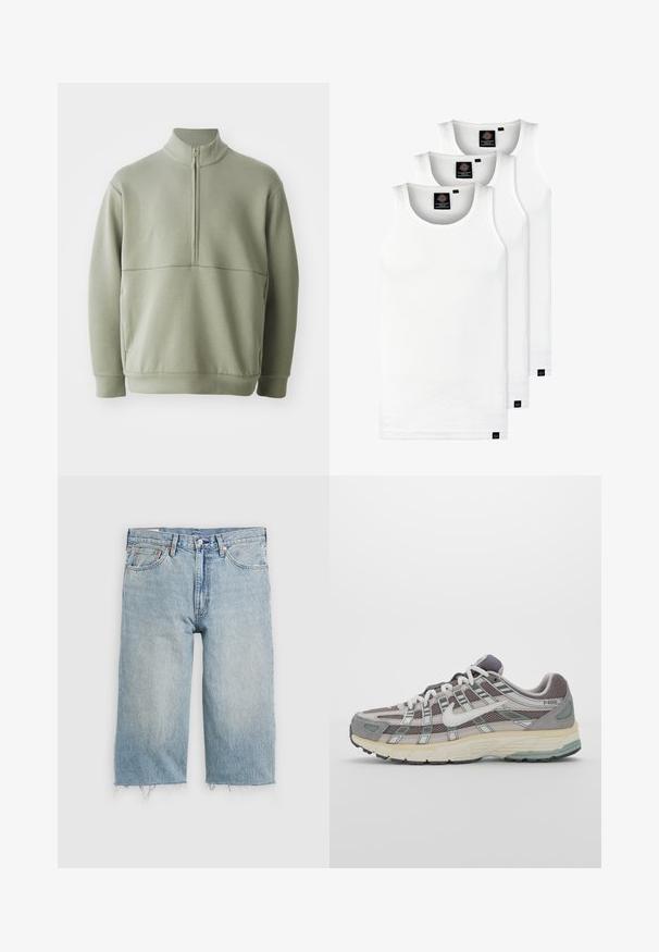 Šviesiai žalias, ilgos rankovės megztinis su aukšta apykakle ir pusiau užtrauktuku. Minkšta tekstūra su horizontalia siūle per krūtinę.; Trys balti, dryžuoti marškiniai be rankovių, pagaminti iš medvilnės. Yra apvalus kaklas ir maži juodi etiketės netoli siūlės. Siūlomi įvairių dydžių.; Šviesiai mėlynos džinsinio audinio šortai su tiesiu kirpimu, nusidėvėjusia apvadu, penkių kišenių dizainu ir mygtukų užsegimu liemenyje.; Pilkas sportinis batas su tinklu ir zomšos viršutine dalimi, baltomis detalėmis, paminkštintu padu ir išskirtiniu dizainu su atspindinčiais elementais.