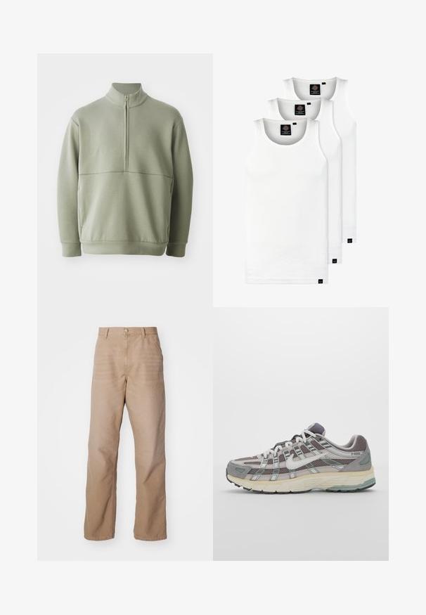 Hellgrüner Pulli mit langen Ärmeln, hohem Kragen und halbem Reißverschluss. Weiche Textur mit einer horizontalen Nahtdetails über der Brust.; Drei weiße, gerippte Tanktops aus Baumwolle. Merkmale einen Rundhalsausschnitt und kleine schwarze Etiketten am Saum. In mehreren Größen erhältlich.; Beige Baumwollhose mit geradem Schnitt, ausgestattet mit einem Reißverschluss, im Five-Pocket-Stil und mit subtiler Textur.; Grauer Sportschuh mit einem Obermaterial aus Mesh und Wildleder, weißen Akzenten, einer gepolsterten Sohle und einem charakteristischen Design mit reflektierenden Elementen.