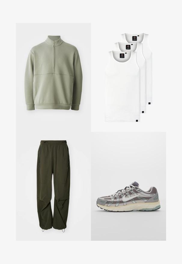 Svijetlozelena, dugosveđena majica s visokim ovratnikom i polu-zipperom. Mehak materijal s horizontalnom šavom preko prsa.; Tri bijele rebraste majice bez rukava od pamuka. Imaju okrugli izrez i male crne oznake blizu rubova. Dostupne su u više veličina.; Tamne maslinaste zelene cargo hlače s elastičnim pojasom, bočnim džepovima i rukavima s vezicom. Napravljene su od lagane, teksturirane tkanine.; Siva sportska tenisica s gornjim dijelom od mrežaste tkanine i zamshta, bijelim detaljima, amortizirajućom potplatom i prepoznatljivim dizajnom s refleksivnim elementima.