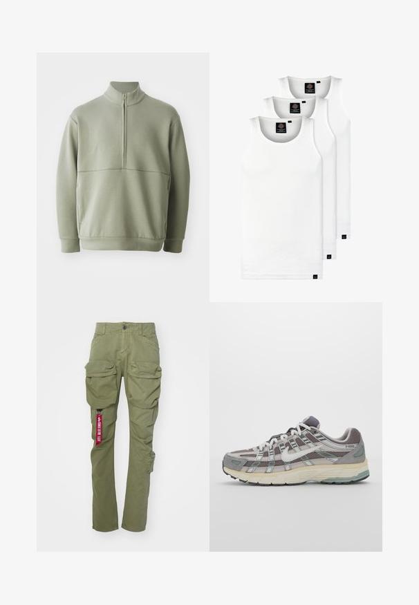 Svetlozelený, dlhý rukáv pulóver s vysokým golierom a polovičným zipsom. Mäkká textúra s horizontálnym švom cez hruď.; Tri biele rebrované tielka vyrobené z bavlny. Majú okrúhly výstrih a malé čierne štítky pri leme. Dostupné v rôznych veľkostiach.; Alpha Industries TACTICAL PANT - Kapsáče - olive; Šedá športová obuv so zvrškom z nylonu a semišu, bielymi akcentmi, polstrovanou podrážkou a jedinečným dizajnom s reflexnými prvkami.