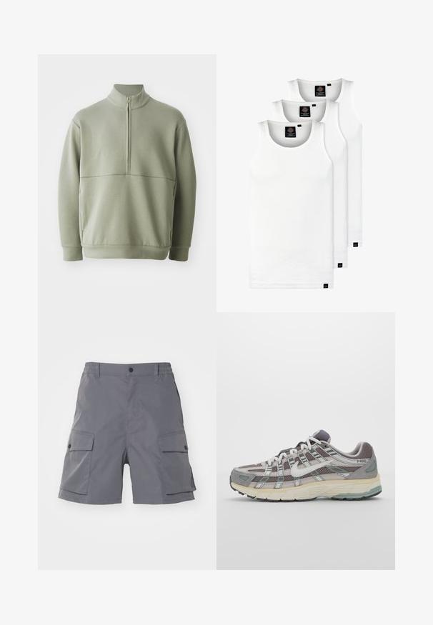 Light green, long-sleeve pullover with a high collar and half zipper. Soft texture with a horizontal seam detail across the chest.; Three white ribbed tank tops made of cotton. Features a crew neck and small black labels near the hem. Available in multiple sizes.; Carhartt WIP BALTO  - Shorts - graphite; Gray athletic shoe featuring a mesh and suede upper, white accents, a cushioned sole, and a distinctive design with reflective elements.
