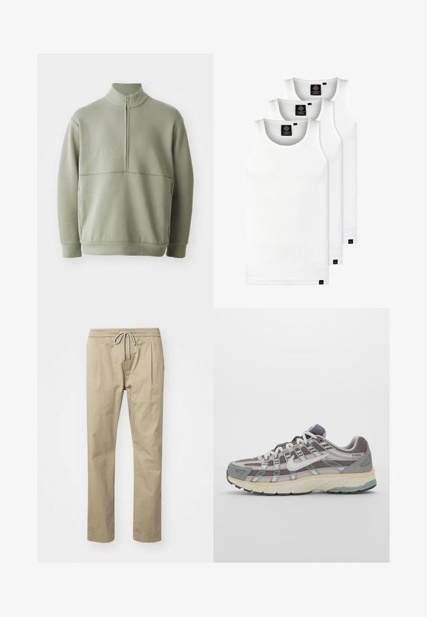 Svetlo zeleni pulover z dolgimi rokavi, visokim ovratnikom in polnim zadrgo. Mehak material z vodoravno šivano podrobnostjo čez prsi.; Tri bele rebraste majice brez rokavov iz bombaža. Imajo okroglo izreza in majhne črne etikete blizu roba. Na voljo v več velikostih.; Bež chinos hlače iz mešanice bombaža, z elastičnim pasom in vrvico, ter stranskimi naborki za dodatno udobje in stil.; Sive športne čevlje z zgornjim delom iz mrežastega in semiš materiala, belimi akcenti, oblazinjenim podplatom ter edinstvenim dizajnom z odsevnimi elementi.