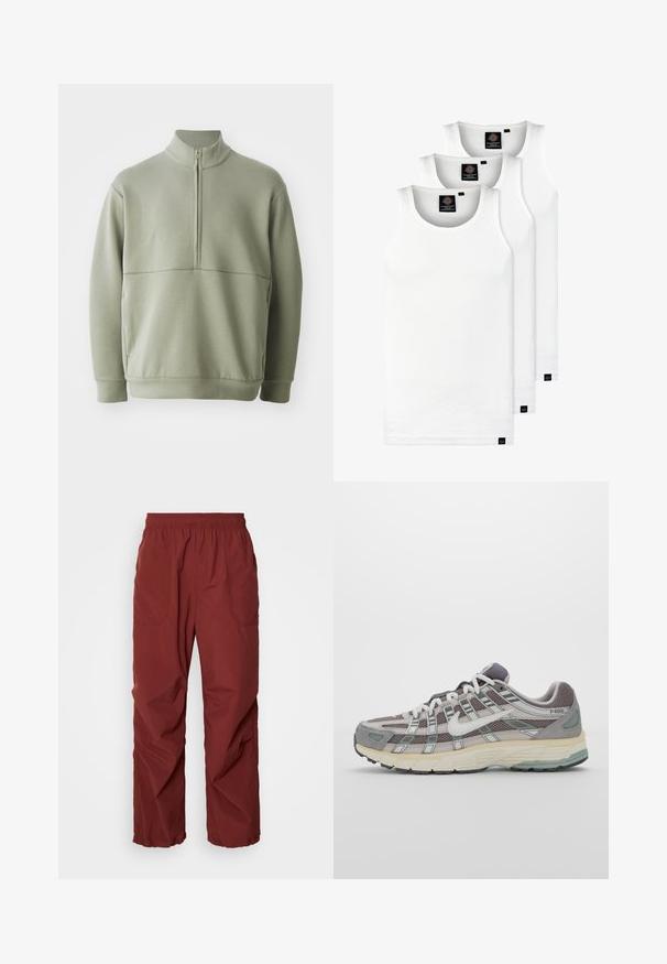 Vaaleanvihreä pitkähihainen neulepusero, jossa on korkea kaulus ja puoli vetoketju. Pehmeä pinta ja vaakasuora sauman yksityiskohta rinnassa.; Kolme valkoista ribbitekstiilistä toppia, jotka on valmistettu puuvillasta. Ominaisuuksiin kuuluu pyöreä pääntie ja pieni musta etiketti helman lähellä. Saatavilla useissa kooissa.; Punaiset, kevyet, joustovyötäröiset housut, joissa on kaksi sivutaskua, leveät lahkeet ja sileä pinta. Ihanteellisia päivittäiseen käyttöön tai aktiiviseen liikkumiseen.; Harmaa urheilukenkä, jossa on verkko- ja mokkanahkainen yläosa, valkoiset yksityiskohdat, pehmustettu pohja ja erottuva muotoilu heijastavilla elementeillä.