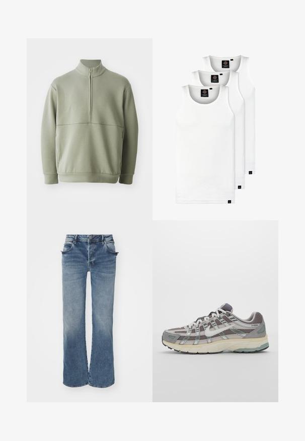 Svetlozelený, dlhý rukáv pulóver s vysokým golierom a polovičným zipsom. Mäkká textúra s horizontálnym švom cez hruď.; Tri biele rebrované tielka vyrobené z bavlny. Majú okrúhly výstrih a malé čierne štítky pri leme. Dostupné v rôznych veľkostiach.; Vyblité modré nohavice s širokými nohavicami z denimu, s gombíkom a zipsom, piatimi vreckami a mierne rozstrapkaným lemom.; Šedá športová obuv so zvrškom z nylonu a semišu, bielymi akcentmi, polstrovanou podrážkou a jedinečným dizajnom s reflexnými prvkami.