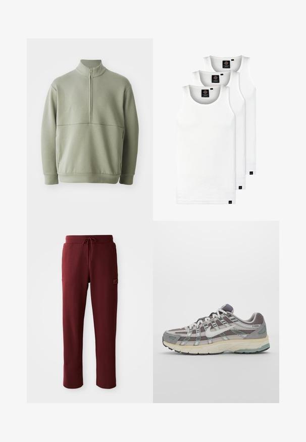 Hellgrüner Pulli mit langen Ärmeln, hohem Kragen und halbem Reißverschluss. Weiche Textur mit einer horizontalen Nahtdetails über der Brust.; Drei weiße, gerippte Tanktops aus Baumwolle. Merkmale einen Rundhalsausschnitt und kleine schwarze Etiketten am Saum. In mehreren Größen erhältlich.; Bordeauxfarbene Sweatpants aus weichem Material, mit einem verstellbaren Kordelzugbund und einer Seitentasche mit Logo-Patch.; Grauer Sportschuh mit einem Obermaterial aus Mesh und Wildleder, weißen Akzenten, einer gepolsterten Sohle und einem charakteristischen Design mit reflektierenden Elementen.