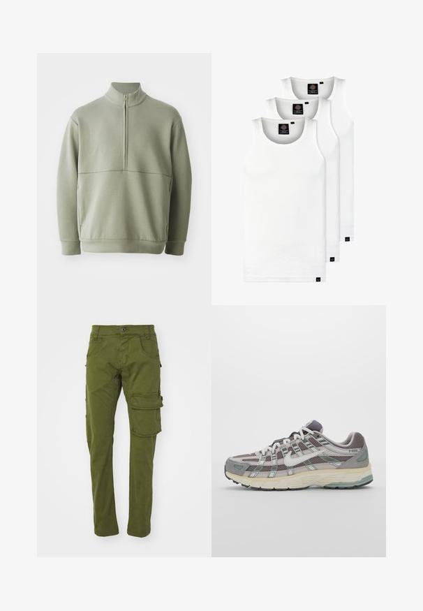 Hellgrüner Pulli mit langen Ärmeln, hohem Kragen und halbem Reißverschluss. Weiche Textur mit einer horizontalen Nahtdetails über der Brust.; Drei weiße, gerippte Tanktops aus Baumwolle. Merkmale einen Rundhalsausschnitt und kleine schwarze Etiketten am Saum. In mehreren Größen erhältlich.; Olivgrüne Cargo-Hosen aus Baumwolle mit zwei Seitentaschen und einer großen Cargotasche am rechten Bein, im schmalen Schnitt.; Grauer Sportschuh mit einem Obermaterial aus Mesh und Wildleder, weißen Akzenten, einer gepolsterten Sohle und einem charakteristischen Design mit reflektierenden Elementen.