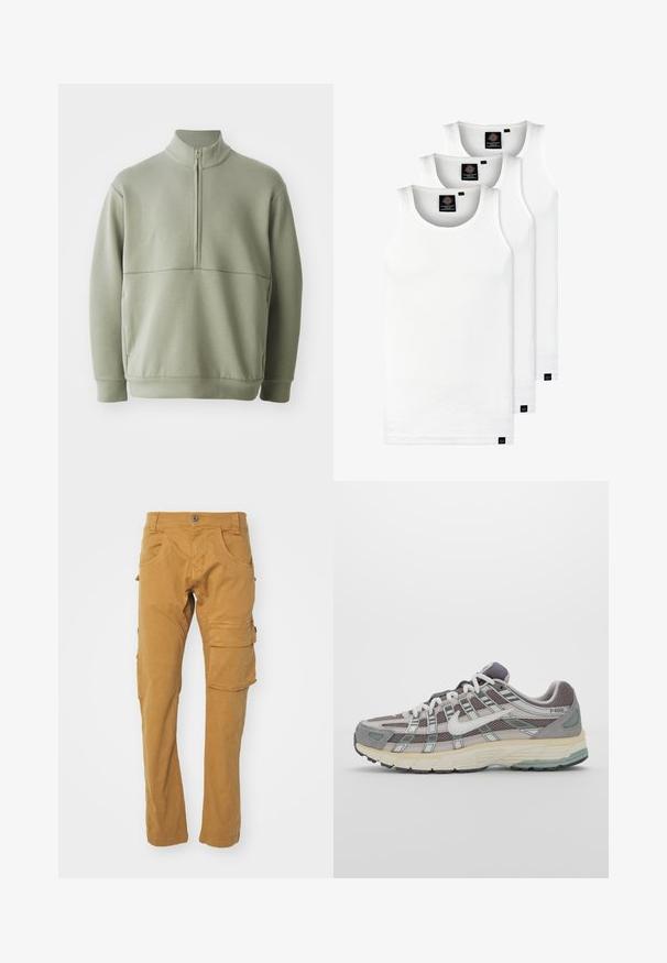 Pulover lung cu mânecă lungă, de culoare verde deschis, cu guler înalt și fermoar pe jumătate. Textură moale cu un detaliu de cusătură orizontală pe piept.; Trei maieuri albe ribbate din bumbac. Au un guler rotund și etichete negre mici lângă tiv. Disponibile în mai multe mărimi.; Pantaloni cargo de culoare bej, din bumbac moale, cu multiple buzunare, picioare drepte și închidere cu nasture. Textură simplă.; Pantofii sport gri sunt realizați dintr-un amestec de plasă și piele întoarsă, cu accente albe, o talpă bine îmbrăcată și un design distinctiv cu elemente reflectorizante.