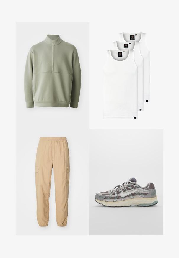 Svetlo zeleni pulover z dolgimi rokavi, visokim ovratnikom in polnim zadrgo. Mehak material z vodoravno šivano podrobnostjo čez prsi.; Tri bele rebraste majice brez rokavov iz bombaža. Imajo okroglo izreza in majhne črne etikete blizu roba. Na voljo v več velikostih.; Beige cargo hlače iz lahkega blaga, z elastičnim pasom, dvema stranskima žepoma in elastičnimi manšetami na gležnjih.; Sive športne čevlje z zgornjim delom iz mrežastega in semiš materiala, belimi akcenti, oblazinjenim podplatom ter edinstvenim dizajnom z odsevnimi elementi.