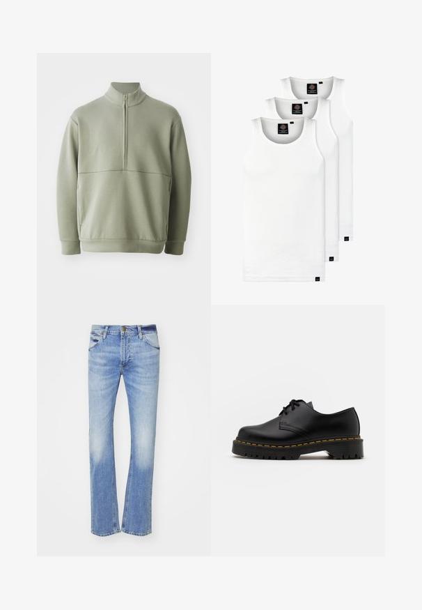 Heledad rohelise, pika varrukaga kootud särk kõrge kraega ja pooltaskuga. Pehme tekstuur, millel on horisontaalne õmbluse detail rinnaosas.; Kolm valget ribaga t-särki, mis on valmistatud puuvillast. Omavad ümmargust kaelanõhku ja väikseid musti silte hemme lähedal. Saadaval erinevates suurustes.; Heledad sinine denimipüksid sirge säärekujundusega, millel on esiosal fading, klassikaline viie tasku stiil ning tõmblukuga nupuga sulgemine.; Must musta lesti kingad ümarate varvastega, tekstureeritud kummitald ja kollane õmblus aluse ääres. Lame disain ja sile viimistlus.