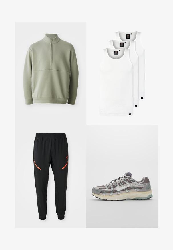 Světlá zelená mikina s dlouhým rukávem, vysokým límečkem a půlzipem. Měkká textura s horizontálním švem přes hruď.; Tři bílé žebrované tílka vyrobené z bavlny. Mají kulatý výstřih a malé černé štítky poblíž lemu. Dostupné v několika velikostech.; Černé sportovní kalhoty s elastickým pasem a manžetami, s šikmými červenými zipovými kapsami a malým červeným textem značky na pravém stehně.; Šedá sportovní obuv s vrchní částí z mikrovlákna a semiše, bílými akcenty, polstrovanou podrážkou a jedinečným designem s reflexními prvky.