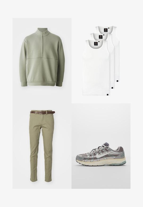 Šviesiai žalias, ilgos rankovės megztinis su aukšta apykakle ir pusiau užtrauktuku. Minkšta tekstūra su horizontalia siūle per krūtinę.; Trys balti, dryžuoti marškiniai be rankovių, pagaminti iš medvilnės. Yra apvalus kaklas ir maži juodi etiketės netoli siūlės. Siūlomi įvairių dydžių.; Olive spalvos medvilniniai kelnių su siauru siluetu, su ruda odine diržu. Lygi tekstūra, be matomų raštų ar akcentų.; Pilkas sportinis batas su tinklu ir zomšos viršutine dalimi, baltomis detalėmis, paminkštintu padu ir išskirtiniu dizainu su atspindinčiais elementais.