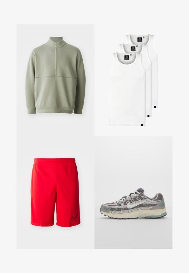 Light green, long-sleeve pullover with a high collar and half zipper. Soft texture with a horizontal seam detail across the chest.; Three white ribbed tank tops made of cotton. Features a crew neck and small black labels near the hem. Available in multiple sizes.; Red athletic shorts made of lightweight fabric, featuring a black logo accent, elastic waistband, and side vents for improved airflow.; Gray athletic shoe featuring a mesh and suede upper, white accents, a cushioned sole, and a distinctive design with reflective elements.