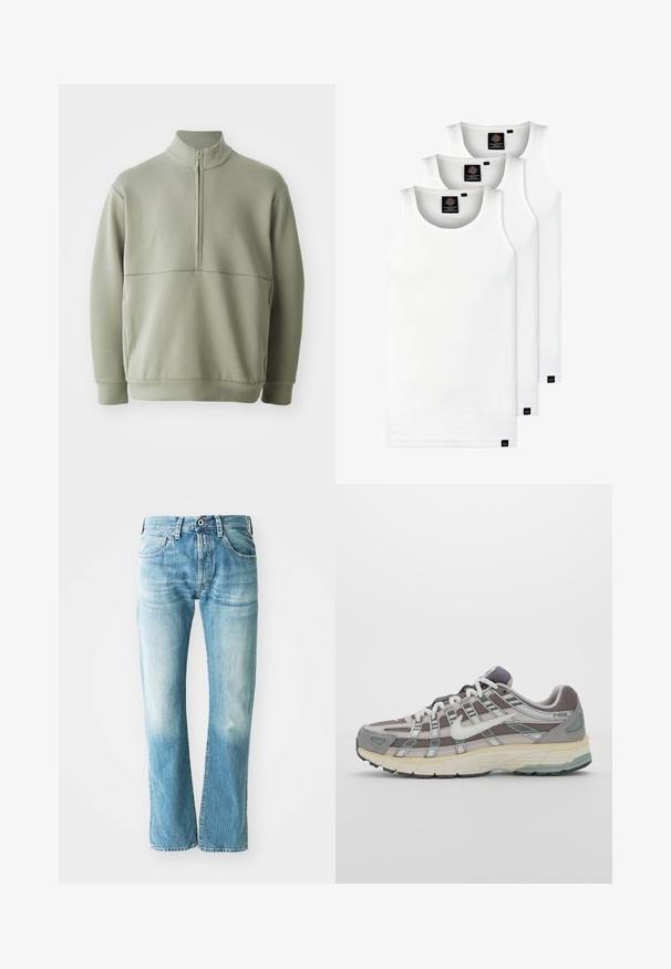Pulover lung cu mânecă lungă, de culoare verde deschis, cu guler înalt și fermoar pe jumătate. Textură moale cu un detaliu de cusătură orizontală pe piept.; Trei maieuri albe ribbate din bumbac. Au un guler rotund și etichete negre mici lângă tiv. Disponibile în mai multe mărimi.; Jeans din denim de un albastru deschis, cu un design cu picioare drit, având cinci buzunare și detalii de decolorare, finisate cu un fermoar și un nasture clasic.; Pantofii sport gri sunt realizați dintr-un amestec de plasă și piele întoarsă, cu accente albe, o talpă bine îmbrăcată și un design distinctiv cu elemente reflectorizante.