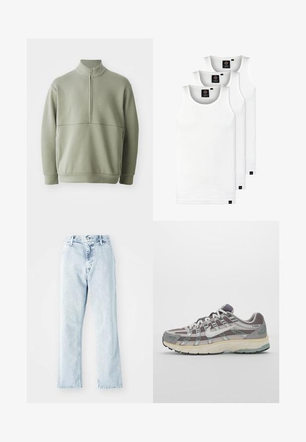 Svijetlozelena, dugosveđena majica s visokim ovratnikom i polu-zipperom. Mehak materijal s horizontalnom šavom preko prsa.; Tri bijele rebraste majice bez rukava od pamuka. Imaju okrugli izrez i male crne oznake blizu rubova. Dostupne su u više veličina.; Svijetloplave traperice s ravnim nogavicama, visokog struka, s pet džepova i kopčanjem na gumb. Imajte izblijedjeli efekt na cijeloj površini.; Siva sportska tenisica s gornjim dijelom od mrežaste tkanine i zamshta, bijelim detaljima, amortizirajućom potplatom i prepoznatljivim dizajnom s refleksivnim elementima.
