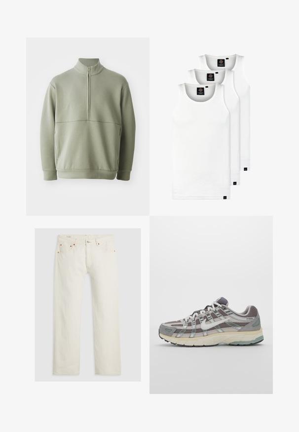 Svijetlozelena, dugosveđena majica s visokim ovratnikom i polu-zipperom. Mehak materijal s horizontalnom šavom preko prsa.; Tri bijele rebraste majice bez rukava od pamuka. Imaju okrugli izrez i male crne oznake blizu rubova. Dostupne su u više veličina.; Bijele traperice s ravnim krojem, zatvaranjem na srebrni gumb, narančastim šavovima i pet džepova. Tkanina ima glatku teksturu.; Siva sportska tenisica s gornjim dijelom od mrežaste tkanine i zamshta, bijelim detaljima, amortizirajućom potplatom i prepoznatljivim dizajnom s refleksivnim elementima.