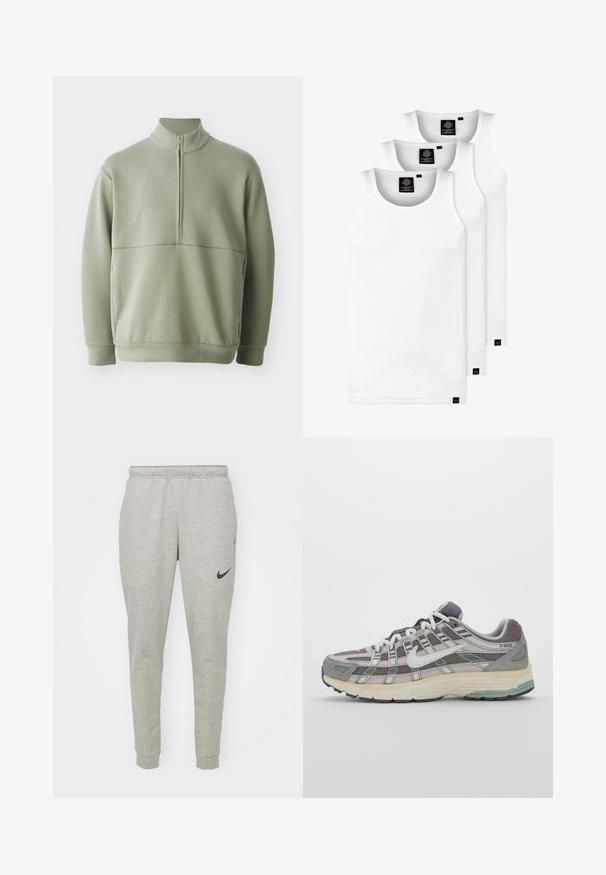 Lys grøn, langærmet pullover med høj krave og halv lynlås. Blød tekstur med en horisontal sømdetalje på brystet.; Tre hvide ribbede tanktops lavet af bomuld. Har en rund hals og små sorte mærker nær sømmen. Fås i flere størrelser.; Lys grå sweatpants lavet af blødt bomuldsblanding, med en tapered design, elastisk talje og et sort Nike-logo på venstre lår.; Grå sportssko med overdel i mesh og ruskind, hvide accenter, en polstret sål og et særpræget design med reflekterende elementer.