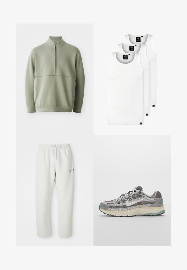 Svetlo zeleni pulover z dolgimi rokavi, visokim ovratnikom in polnim zadrgo. Mehak material z vodoravno šivano podrobnostjo čez prsi.; Tri bele rebraste majice brez rokavov iz bombaža. Imajo okroglo izreza in majhne črne etikete blizu roba. Na voljo v več velikostih.; Svetlo sivi trenirki iz mehke tkanine, ki imajo elastičen pas z vrvico in majhen logotip na levem stegnu.; Sive športne čevlje z zgornjim delom iz mrežastega in semiš materiala, belimi akcenti, oblazinjenim podplatom ter edinstvenim dizajnom z odsevnimi elementi.