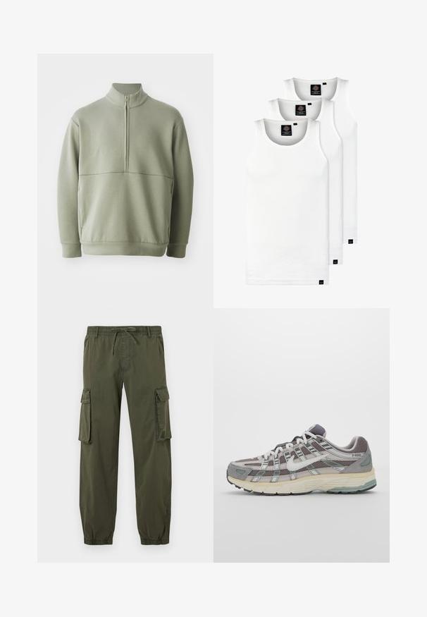 Šviesiai žalias, ilgos rankovės megztinis su aukšta apykakle ir pusiau užtrauktuku. Minkšta tekstūra su horizontalia siūle per krūtinę.; Trys balti, dryžuoti marškiniai be rankovių, pagaminti iš medvilnės. Yra apvalus kaklas ir maži juodi etiketės netoli siūlės. Siūlomi įvairių dydžių.; Alyvuogių žali cargo kelnės pagamintos iš lengvos medžiagos. Elastingas juosmuo su raišteliu, dvi šoninės kišenės ir dvi cargo kišenės ant šlaunų.; Pilkas sportinis batas su tinklu ir zomšos viršutine dalimi, baltomis detalėmis, paminkštintu padu ir išskirtiniu dizainu su atspindinčiais elementais.