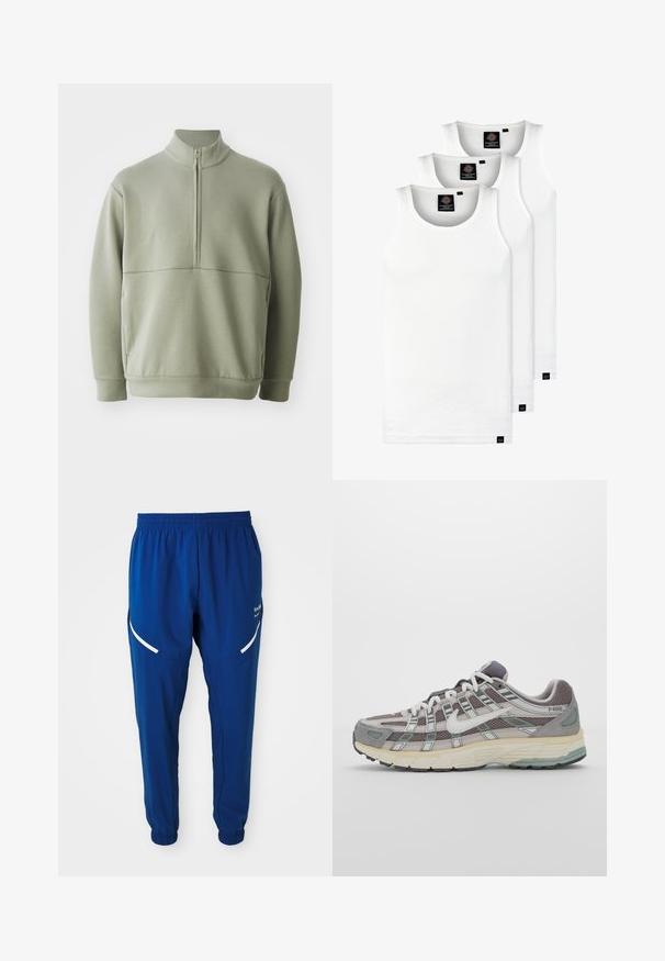 Gaiši zaļš, garām piedurknēm, džemperis ar augstu apkakli un pusi rāvējslēdzēju. Mīksta tekstūra ar horizontālu šuvju detaļu krūšu rajonā.; Trīs baltas ribotas krūšturi, kas izgatavoti no kokvilnas. Iezīmēti ar apaļu kakla izgriezumu un maziem melniem etiķetēm tuvu apakšmalai. Pieejami vairākos izmēros.; Karaliski zili sporta bikses ar elastīgu jostu un rokām, baltas izliekta formas atstarotāju lentes uz augšstilbiem un nelielu baltu logotipu labajā pusē.; Pelēkie sporta apavi ar tīkla un zamša augšdaļu, baltiem akcentiem, mīkstinātu zoli un izcilu dizainu ar atstarotājiem.