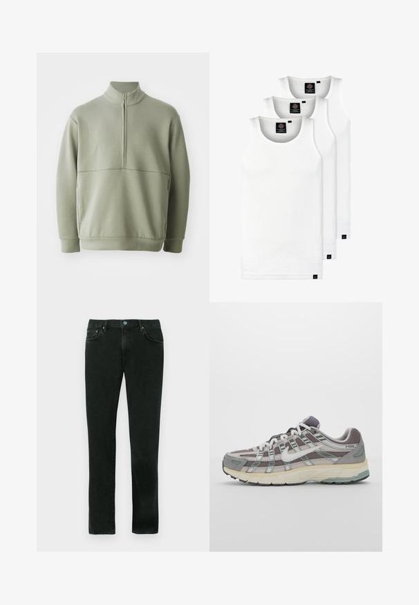 Light green, long-sleeve pullover with a high collar and half zipper. Soft texture with a horizontal seam detail across the chest.; Three white ribbed tank tops made of cotton. Features a crew neck and small black labels near the hem. Available in multiple sizes.; Black denim jeans with a straight-leg design, featuring a classic five-pocket style and blue metal hardware accents.; Gray athletic shoe featuring a mesh and suede upper, white accents, a cushioned sole, and a distinctive design with reflective elements.