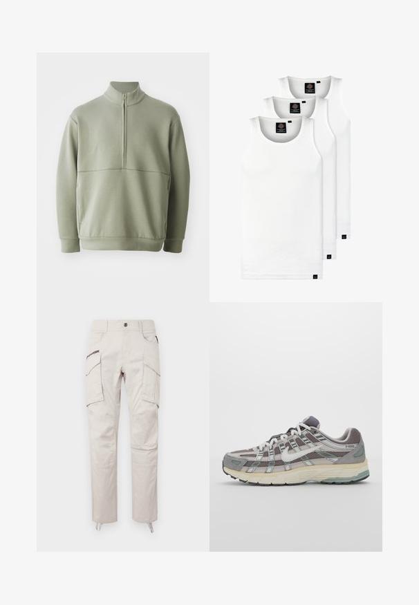 Lichtgroene, langslijve pullover met een hoge kraag en een halve rits. Zachte textuur met een horizontale naaddetails over de borst.; Drie witte geribde tanktops van katoen. Kenmerken zijn een ronde hals en kleine zwarte labels nabij de zoom. Verkrijgbaar in meerdere maten.; Lichtbeige cargobroek gemaakt van katoen, met meerdere zakken, een ritssluiting zijzak en een rechte pijp met verstelbare zomen.; Grijze sportieve schoen met een bovenwerk van mesh en suede, witte accenten, een gevoerde zool en een onderscheidend ontwerp met reflecterende elementen.