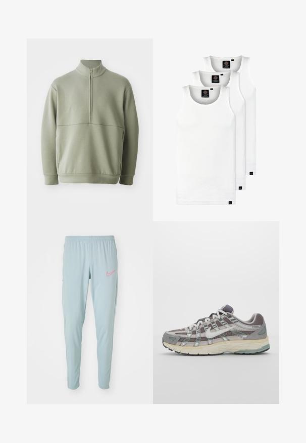 Light green, long-sleeve pullover with a high collar and half zipper. Soft texture with a horizontal seam detail across the chest.; Three white ribbed tank tops made of cotton. Features a crew neck and small black labels near the hem. Available in multiple sizes.; Light blue Nike athletic pants feature an elastic waistband, slim fit, and pink logo accents. Smooth texture with side pockets.; Gray athletic shoe featuring a mesh and suede upper, white accents, a cushioned sole, and a distinctive design with reflective elements.