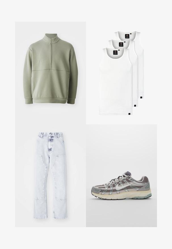 Világos zöld, hosszú ujjú pulóver magas gallérral és fél cipzárral. Puha tapintású, a mellkas fölött vízszintes varrási részlettel.; Három fehér csíkos pamut trikó. Felső része kerek nyakkivágású, és a szegély közelében kis fekete címkék találhatók. Több méretben elérhető.; Világoskék farmer egyenes szárú nadrág, folt zsebekkel, magas derékkal és elhalványult felülettel. Tonális varrással és laza szabással rendelkezik.; Szürke sportcipő, hálós és velúr felsőrésszel, fehér részletekkel, párnázott talppal és jellegzetes dizájnnal, amely visszaverő elemeket tartalmaz.