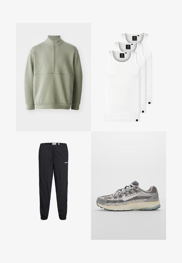 Lys grøn, langærmet pullover med høj krave og halv lynlås. Blød tekstur med en horisontal sømdetalje på brystet.; Tre hvide ribbede tanktops lavet af bomuld. Har en rund hals og små sorte mærker nær sømmen. Fås i flere størrelser.; Sorte atletiske bukser med elastisk talje, snor i taljen og afslutninger ved anklerne. Har logo på fronten og kontraststriber på siden.; Grå sportssko med overdel i mesh og ruskind, hvide accenter, en polstret sål og et særpræget design med reflekterende elementer.